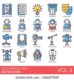 Video production icons including screenwriting, storyboard, casting call, theatre mask, camera, director, actor, actress, boom, dolley, makeup, camcorder, crane, tripod, drone, loudspeaker, stunt.