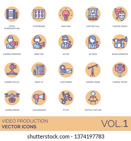 Video production icons including screenwriting, storyboard, main idea, casting call, theatre mask, camera, director, actor, actress, boom operator, dolley, makeup, camcorder, crane, tripod, drone.