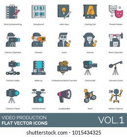 Video production icons. Screenwriting, storyboard, casting, theatre mask, director, actor, actress, boom operator, dolley, makeup, camcorder, crane, tripod, drone, loudspeaker, stunt, motion capture.