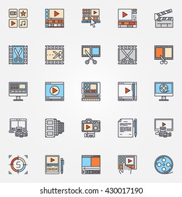 Video Production Icons Set - Vector Collection Of Flat Video Edit Symbols. Video Editing Colorful Signs