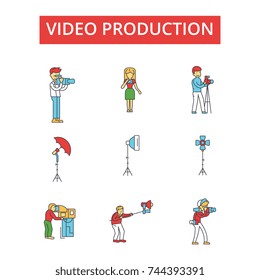 Video production illustration, thin line icons, linear flat signs, vector symbols, outline pictograms set, editable strokes