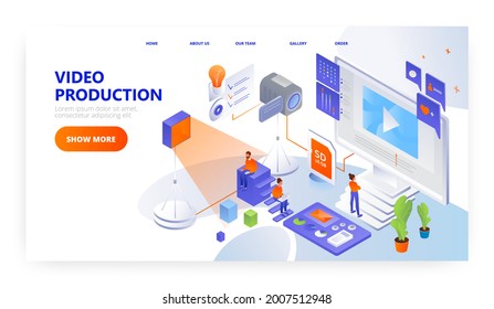 Video production landing page design, website banner vector template. People making content in studio for social media.