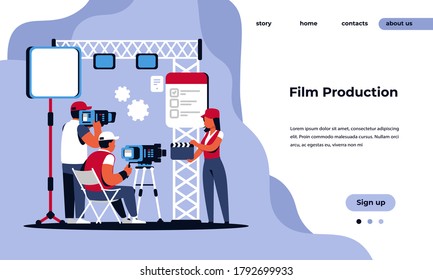 Video production landing page. Movie making studio and shooting film concept with cartoon movie crew characters. Vector illustrated cinema web page infographic
