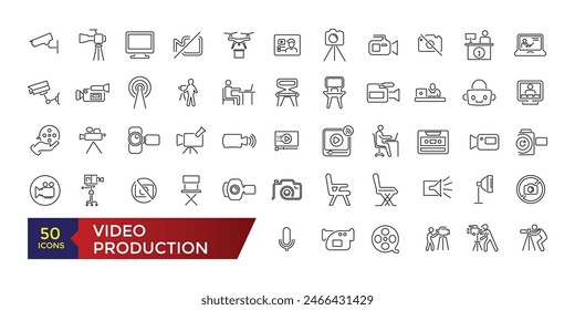 Conjunto de iconos de línea de producción de vídeo. Animación, música y edición de películas. Vector set diseña línea de Imágenes de colección de producción de película.