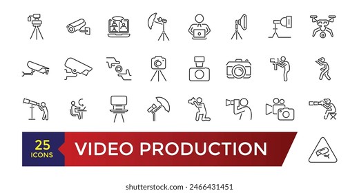 Video production line icon set. Animation music and movie editing. Vector set designs line images film production collection.