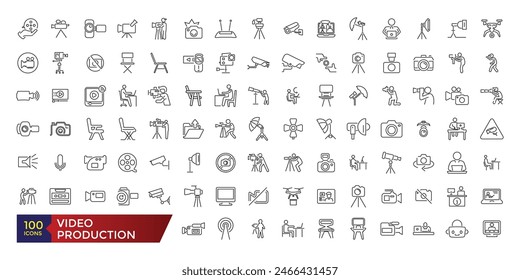 Video production line icon set. Animation music and movie editing. Vector set designs line images film production collection.