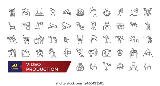 Conjunto de iconos de línea de producción de vídeo. Animación, música y edición de películas. Vector set diseña línea de Imágenes de colección de producción de película.