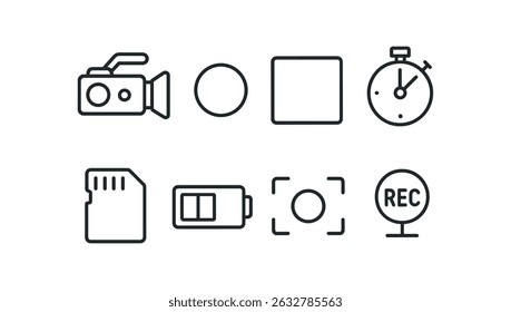 Video production line icon set - camera, timer, recording, editing tools collection