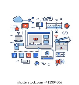 Video production, media digital marketing, clip and film-making, youtuber vector concept with flat line icons. Media video, digital video development, production video illustration