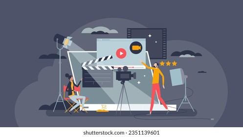 Video production and movie record process in studio tiny person concept. Professional media director and editor for screen entertainment vector illustration. Motion picture filming for cinema project