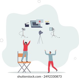 Video production and movie record process in studio.Professional media director and editor for screen entertainment.flat design.illustration with people.