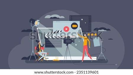Video production and movie record process in studio tiny person concept. Professional media director and editor for screen entertainment vector illustration. Motion picture filming for cinema project
