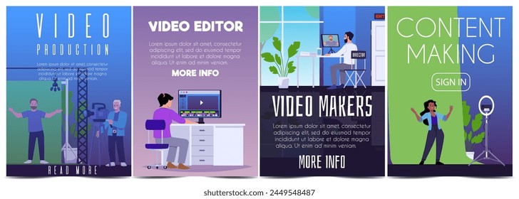 Video production, multimedia and film industry. Cartoon posters set of making video content, video editor and maker. Social media, Live broadcast vector landing page templates