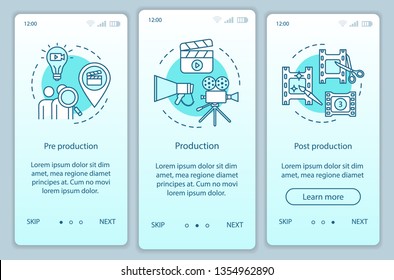 Video production onboarding mobile app page screen vector template. Film making industry. Cinematography. Walkthrough website steps with linear illustrations. UX, UI, GUI smartphone interface concept