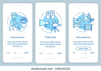 Video production onboarding mobile app page screen vector template. Film making industry. Cinematography. Walkthrough website steps with linear illustrations. UX, UI, GUI smartphone interface concept