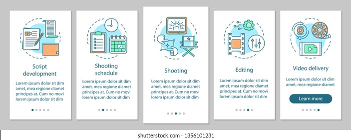 Video production onboarding mobile app page screen vector template. Film making process. Cinematography. Walkthrough website steps with linear illustrations. UX, UI, GUI smartphone interface concept