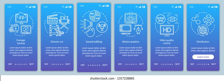 Video production onboarding mobile app page screen vector template. Film making process. Movie industry. Walkthrough website steps with linear illustrations. UX, UI, GUI smartphone interface concept