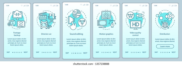 Video production onboarding mobile app page screen vector template. Film making process. Movie industry. Walkthrough website steps with linear illustrations. UX, UI, GUI smartphone interface concept