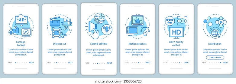 Producción de vídeo en el embarque de la plantilla vectorial de la página de aplicaciones móviles. Proceso de producción de películas. Industria cinematográfica. Recorrido de los pasos del sitio web con ilustraciones lineales. UX, UI, concepto de interfaz de smartphone GUI