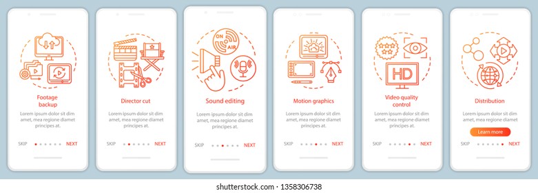 Video production onboarding mobile app page screen vector template. Film making process. Movie industry. Walkthrough website steps with linear illustrations. UX, UI, GUI smartphone interface concept