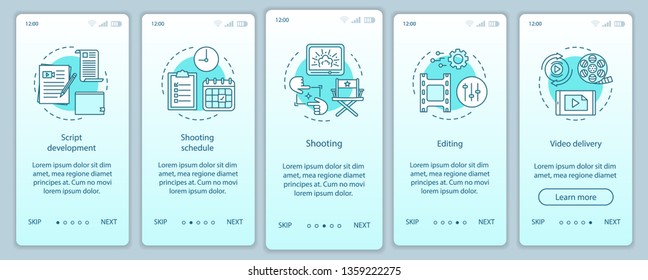 Video production onboarding mobile app page screen vector template. Film making process. Movie industry. Walkthrough website steps with linear illustrations. UX, UI, GUI smartphone interface concept