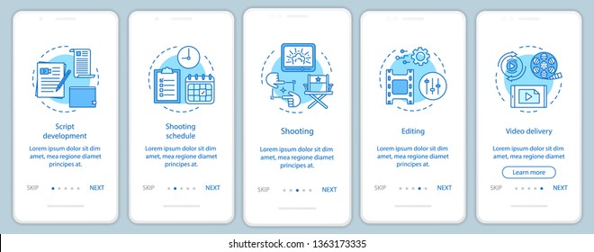 Video production onboarding mobile app page screen vector template. Film making process. Movie industry. Walkthrough website steps with linear illustrations. UX, UI, GUI smartphone interface concept