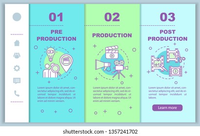 Video Production Onboarding Mobile Web Pages Vector Template. Film Making. Responsive Smartphone Website Interface Idea With Linear Illustrations. Webpage Walkthrough Step Screens. Color Concept