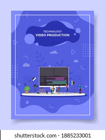 video production people around big screen computer editing camera spot light for template of banners, flyer, books cover, magazines with liquid shape style