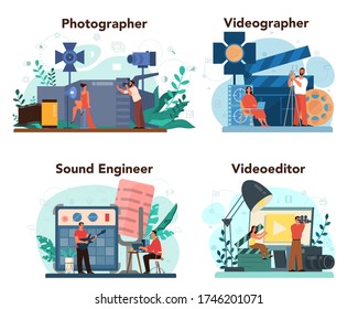 Video production, photography and sound engineering concept set. Media content industry. Making visual content for social media with special equipment. Isolated vector illustration