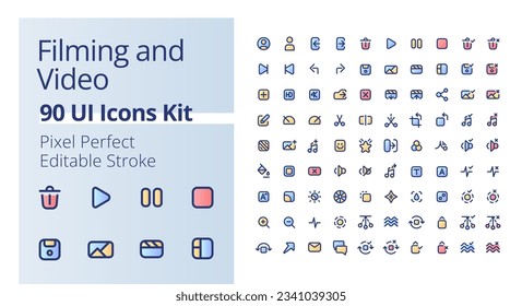 Video-Produktion Pixel perfekte Farbverlauf füllen ui Icons Kit. Filmproduktionssoftware. Videoeinstellungen. Moderne bunt bearbeitbare Liniensymbole. GUI, UX Design für App, Web. Vectorisolierte RGB-Elemente-Set