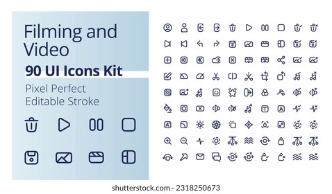 Kit de iconos ui lineales perfectos para píxeles de producción de vídeo. Software de producción de películas. Configuración del material. Herramientas de edición de películas. Imagen de movimiento. Esquema de elementos de interfaz de usuario aislados. Trazo editable