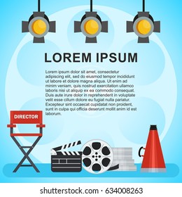 Video production poster. Computer and Storyboard, director chair and film. Flat vector cartoon illustration. Objects isolated on a white background.