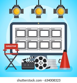 Video production poster. Computer and Storyboard, director chair and film. Flat vector cartoon illustration. Objects isolated on a white background.