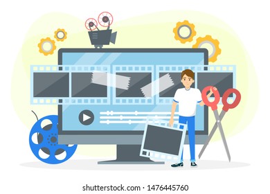 Video production process concept. Movie and cinema industry. Creation of content. Isolated vector illustration in cartoon style