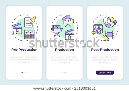 Video production process onboarding mobile app screen. Walkthrough 3 steps editable graphic instructions with linear concepts. UI, UX, GUI template