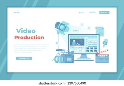 Video Production, Recording, Videography, Blogging. Design tv news studio. Сamera, microphone, clapper board, video editor on screen, scenario, illuminator. landing page template or banner. Vector