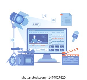 Video Production, Recording, Videography, Blogging. Design tv news studio. Сamera, microphone, clapper board, video editor on screen, scenario, illuminator. Vector illustration on white background.