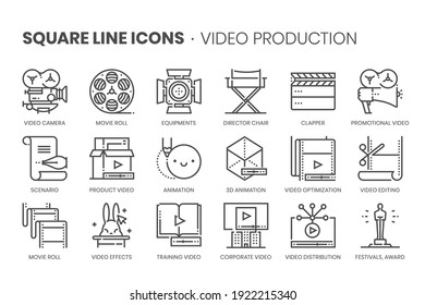 Video production related, pixel perfect, editable stroke, up scalable square line vector icon set. 