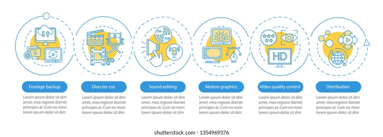 Video production services vector infographic template. Business presentation design elements. Data visualization with 6 steps and options. Process timeline chart. Workflow layout with linear icons