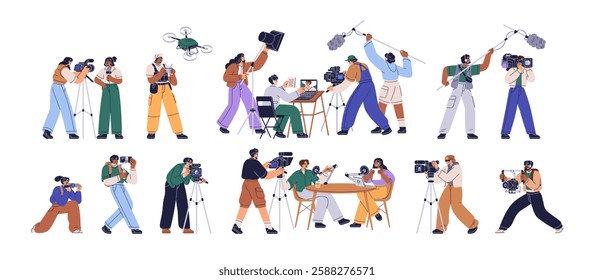 Video production set. Cameraman, operator filming on professional camera. Videographer, movie crew, media team, reporter recording, shooting. Flat vector illustration isolated on white background