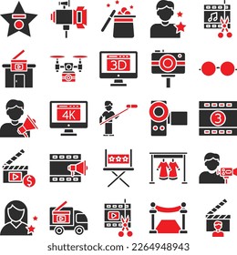 Video Production set, film industry icon, cinema set, Video pack, Video icons, entertainment icons, video making icons set, production glyph dual icon