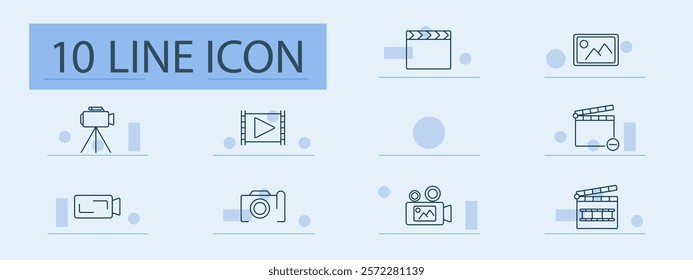 Video production set icon. Camera, tripod, clapperboard, film reel, video player, gallery, recording, movie tools, editing, multimedia