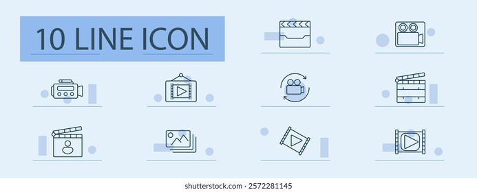 Video production set icon. Camera, tripod, clapperboard, film reel, video player, gallery, recording, movie tools, editing, multimedia