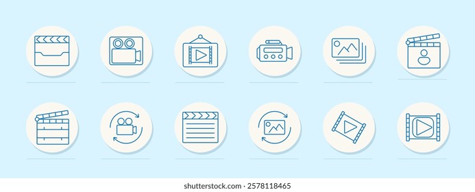 Video production set icon. Clapperboard, movie camera, projection, gallery, media playback, editing, slideshow, animation, content sharing, presentation