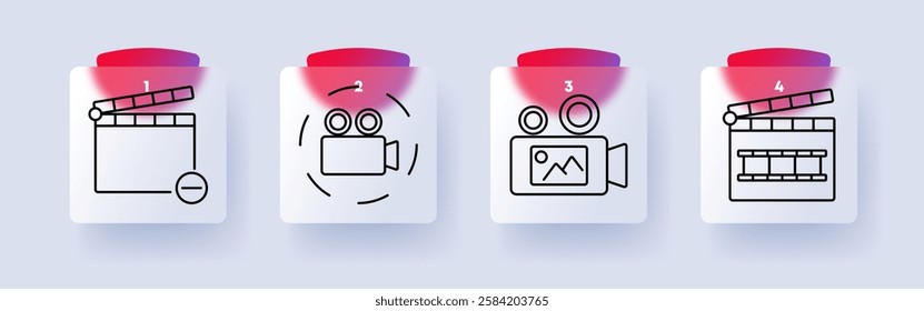 Video production set icon. Clapperboard, filming camera, video recording, movie production, multimedia, entertainment, filmmaking, content creation