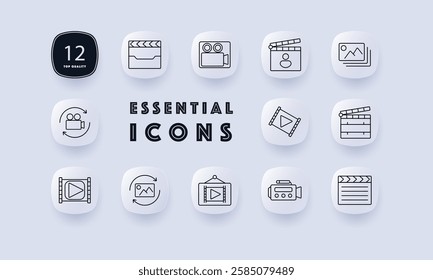 Video production set icon. Clapperboard, camera, movie recording, photo gallery, video play, filmmaking, media editing, animation, storyboard, content creation