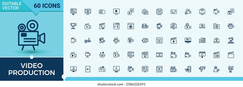 Video Production simple icon. Related to television, play, photo, web, player, entertainment, collection, media. Simple line vector. Editable stroke.