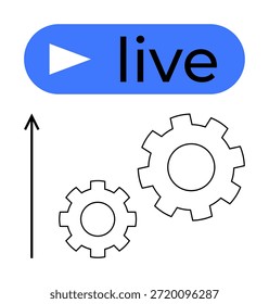 Producción de vídeo, servicios de streaming, eficiencia, crecimiento digital, flujo de trabajo en línea, innovación. Botón en vivo azul con icono de juego, engranajes y diseño de flecha hacia arriba. Servicios de streaming y eficiencia