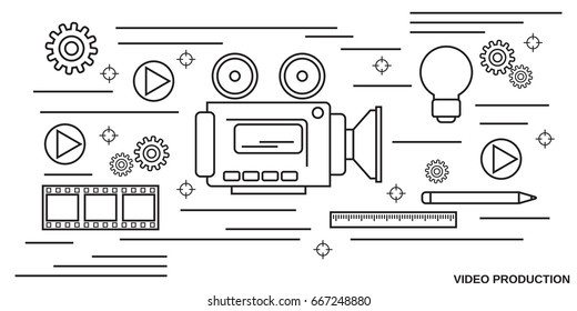 Video production thin line art style vector concept illustration