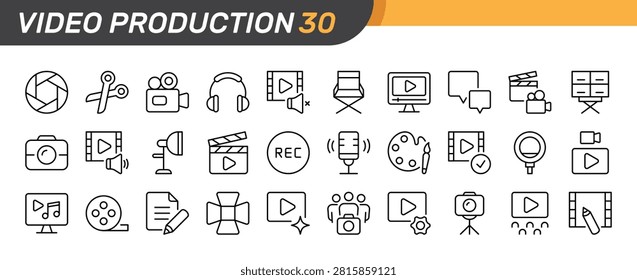 Video Production thin line icon set. Camera, Film Making, Studio, Editing, Tools, Movie concept. Black outline vector icons collection.
